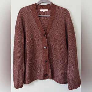 LOFT Chunky Knit Button-Up V-Neck Soft Cozy Cardigan Sweater Brown Size XL